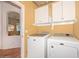 Laundry room equipped with white cabinetry and modern Maytag washer and dryer at 11580 N 86Th Ln, Peoria, AZ 85345