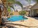 Gorgeous backyard pool area with mature palm trees, a small table, and privacy fencing at 45726 W Long Way, Maricopa, AZ 85139