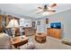 Cozy living room featuring a ceiling fan, neutral carpet, and comfortable seating at 10205 W Royal Oak Rd, Sun City, AZ 85351