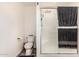 Bright bathroom with a toilet and glass shower with a rain shower head at 2060 N Center St # 133, Mesa, AZ 85201