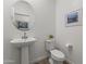 Modern powder room with pedestal sink, decorative mirror, and convenient toilet area at 22657 N 184Th Ln, Surprise, AZ 85387