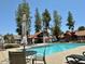 Community pool features an umbrella covered seating area and ample lounge chairs for residents at 14002 N 49Th Ave # 1021, Glendale, AZ 85306