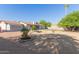 Picture of the gravel backyard with several trees, a firepit, and a storage shed at 3433 E Betty Elyse Ln, Phoenix, AZ 85032