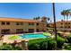 Resort-style pool area with turquoise water, green umbrellas, and palm trees under a bright blue sky at 10330 W Thunderbird Blvd # C207, Sun City, AZ 85351