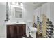 Bathroom with a stylish vanity, framed mirror, and decorative shower curtain offering a clean and modern feel at 1075 E Chandler Blvd # 210, Chandler, AZ 85225