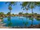 Scenic view of a pond with a fountain, surrounded by palm trees and landscaping in a tranquil community setting at 15131 W Melissa Ln, Surprise, AZ 85374