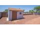 Backyard featuring a shed with a door, gravel, and trees at 17810 N 34Th Pl, Phoenix, AZ 85032