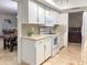 Well-lit kitchen features white appliances, tile backsplash, white cabinetry, and granite countertops at 6639 E Pershing Ave, Scottsdale, AZ 85254