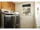 Modern laundry room featuring gray washer and dryer set and direct outdoor access at 4525 N 66Th St # 112, Scottsdale, AZ 85251