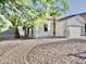 Charming single-story home with a desert landscape, palm trees, and inviting walkway at 1187 E Cowboy Cove Trl, San Tan Valley, AZ 85143