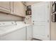 Convenient laundry room equipped with white washer and dryer next to back door at 7955 E Chaparral Rd # 17, Scottsdale, AZ 85250