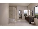 Contemporary bathroom with a glass enclosed shower, floating vanity, and large windows for natural light and scenic views at 12232 N 65Th Pl, Scottsdale, AZ 85254