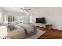 Inviting bedroom featuring a ceiling fan, water views, and a glass sliding door at 770 S Ocean Dr, Gilbert, AZ 85233