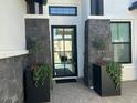 Elegant front door with black trim flanked by stone columns and planters at 20475 E Indiana Ave, Queen Creek, AZ 85142