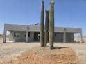 Contemporary desert home with three saguaro cacti in front, offering a unique and striking landscape at 1907 W Brooke Ln, Queen Creek, AZ 85144