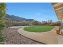 Landscaped backyard with a curved walkway and a large grassy area at 2343 E Orangewood Ave, Phoenix, AZ 85020