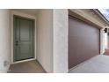 Close up of front door with an olive green finish next to a dark brown garage door at 23411 W Albeniz Pl, Buckeye, AZ 85326