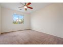 This vacant bedroom features neutral carpet, a ceiling fan, and a window with a view at 5531 W Gwen St, Laveen, AZ 85339