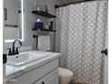 Clean bathroom featuring a shower/tub combo and updated vanity at 9302 E Broadway Rd # 184, Mesa, AZ 85208