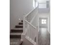 Elegant staircase with white railings and neutral carpet, providing a stylish transition between levels at 2610 E Bluff Spring Ave, Apache Junction, AZ 85119