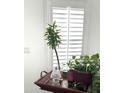 Window with closed white shutters accented with potted plants at 701 S Dobson Rd # 158, Mesa, AZ 85202