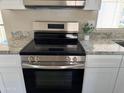 Close up of the kitchen range with stainless steel appliances and granite counter tops at 205 S Higley Rd # 4, Mesa, AZ 85206