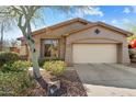 Tan house with a two-car garage and mature trees in the front yard at 2327 W Firethorn Way, Anthem, AZ 85086