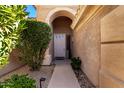 Front entry with arched walkway, mature shrubs, and light-colored door at 16831 S 14Th Ln, Phoenix, AZ 85045