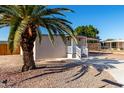 Tan single-wide manufactured home with carport, white railing, and palm tree at 952 S Esperanza Ave, Mesa, AZ 85208