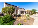 Landscaped front yard with drought-tolerant plants and a brick driveway at 36038 N Puente Alto Ave, Queen Creek, AZ 85140