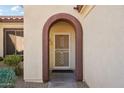 Front entrance with arched entryway and wrought iron security door at 19241 N Emerald Cove Way, Surprise, AZ 85387