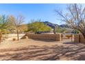 View of the backyard with mountain views and brick-paved patio at 3630 W Bohl St, Laveen, AZ 85339