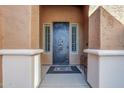 Elegant front door entry with decorative metal design and welcome mat at 6830 S Crystal Way, Chandler, AZ 85249