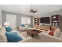 Bright and airy living room with modern furniture and a large TV at 132 W Beautiful Ln, Phoenix, AZ 85041