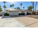 Front view of a remodeled home with a large driveway and mature palm trees at 7489 E Windrose Dr, Scottsdale, AZ 85260