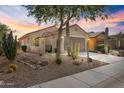 House exterior at sunset, showcasing desert landscaping and a two-car garage at 21295 N 262Nd Dr, Buckeye, AZ 85396