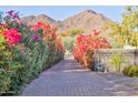 Paver driveway lined with colorful bougainvillea bushes approaching a gated property at 5203 N Monte Vista Dr, Paradise Valley, AZ 85253