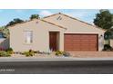 One-story home with tan exterior, brown garage door, and landscaping at 4232 W Hannah St, San Tan Valley, AZ 85144