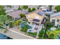 Drone view of a house featuring a solar-paneled roof, pool, and canal access at 6811 W Monona Dr, Glendale, AZ 85308