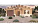 Tan single story home with brown garage door and desert landscaping at 9494 W Raven Dr, Arizona City, AZ 85123