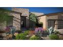 Desert home's front entrance with modern door and xeriscaped yard featuring colorful native plants at 11972 E Yearling Rd # 20, Scottsdale, AZ 85255
