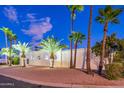 Beautiful desert home with palm trees and architectural details at night at 4639 E Mountain View Ct, Phoenix, AZ 85028