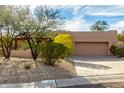 Tan stucco house with a two-car garage and mature desert landscaping at 11686 N Spotted Horse Way, Fountain Hills, AZ 85268