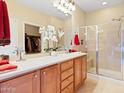 Bright bathroom features a double vanity, large mirror, and glass enclosed shower at 21280 N 262Nd Dr, Buckeye, AZ 85396