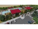 Aerial view of community pool, clubhouse, and parking at 12219 E Verbina Ln, Florence, AZ 85132