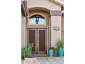 Close-up of the home's double front door with stylish fixtures and planters at 2249 E Taxidea Way, Phoenix, AZ 85048