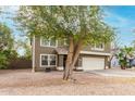 Home's front exterior showcases a mature tree, low-maintenance landscaping, and a two-car garage at 415 W Midland Ln, Gilbert, AZ 85233