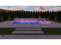 A backyard pool features a stone retaining wall with sheer descents, lounge chairs and an umbrella for shade at 2952 E Warbler Rd, Gilbert, AZ 85297