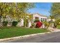 Charming single-story home featuring lush green lawn and manicured desert landscaping at 3412 E Indigo Cir, Mesa, AZ 85213