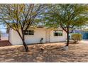 Front view of a charming single story home with mature trees and gravel landscaping at 1121 S Lawther Dr, Apache Junction, AZ 85120